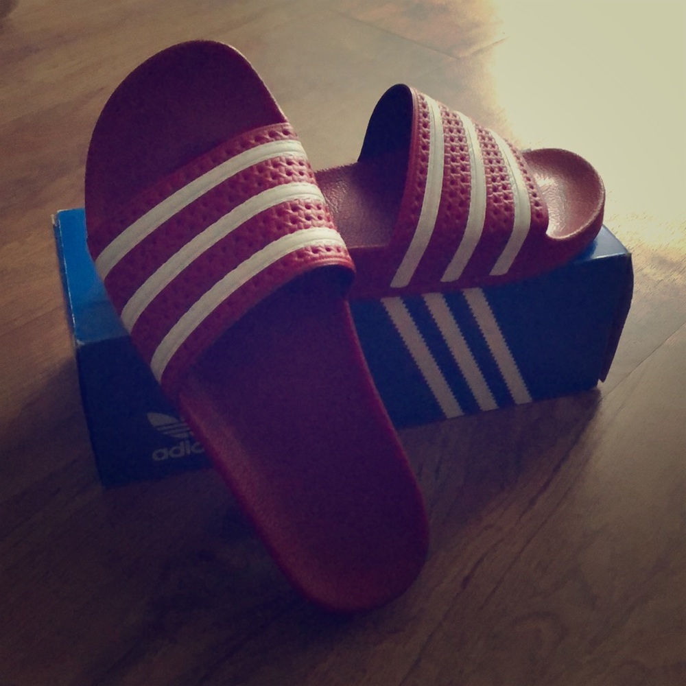 Red & White Stripy Adidas Slides